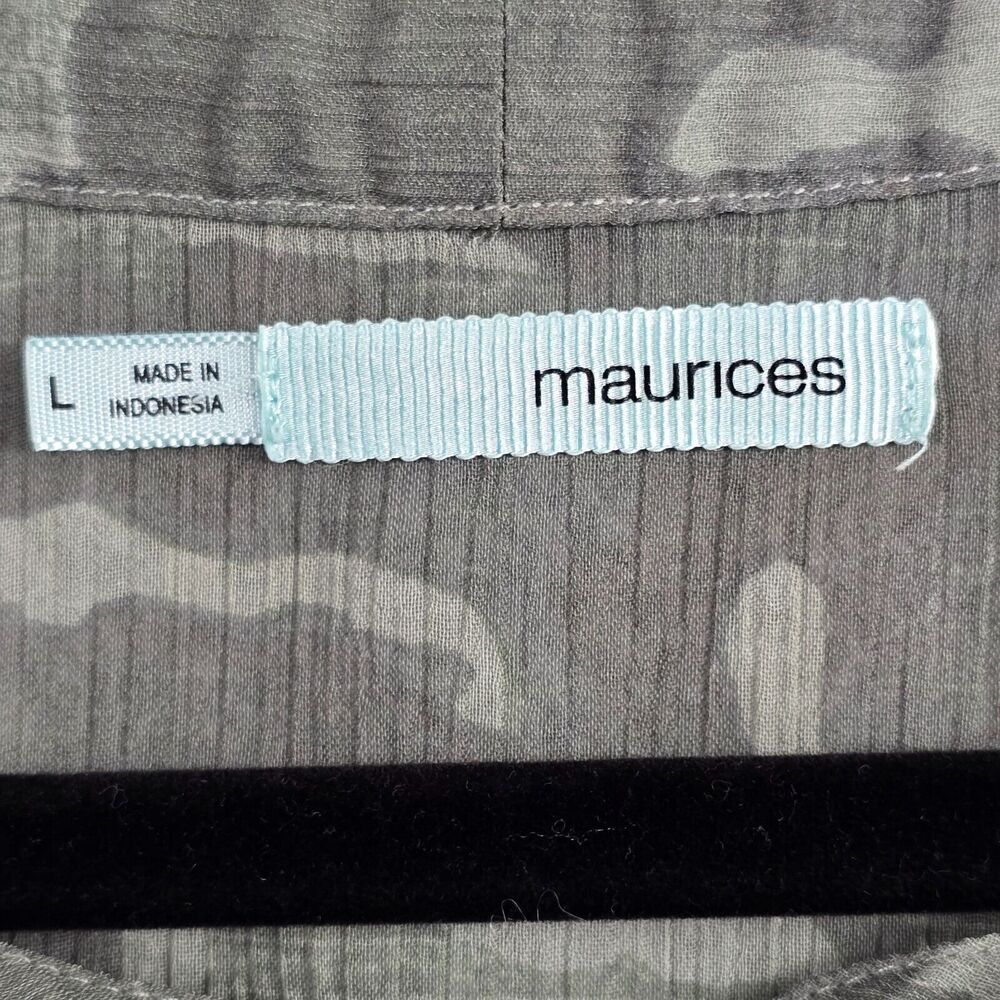 Maurices Smocked Sheer Top Camo L Henley Peplum Blouse Babydoll Western Green - Picture 8 of 8